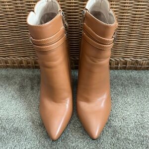 IDIFU Camel/Tan Pointed Toe Ankle Boots with Dual Strap Detail